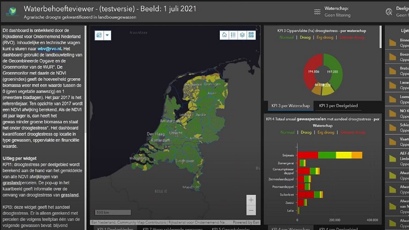Esri GIS Conferentie 2021: Waterbehoefteviewer – inzicht in agrarische droogte door satellietdata en bodemvochtdata (RVO)