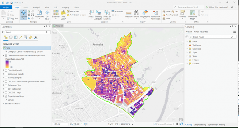 Visualisatie van het resultaat: op straatniveau inzicht in verhouding verharding en vegetatie. Input voor klimaatadaptatie bij gemeenten.