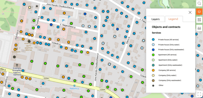 Žemėlapio vaizdas po geokodavimo. Skirtingos spalvos nurodo skirtingas paslaugų rūšis, teikiamas klientams.